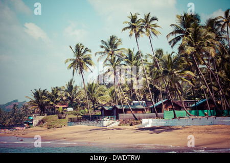 Beenden von Anjuna nass Panorama Strand bei Ebbe mit weißen Sand und grünen Kokospalmen, Goa, Indien Stockfoto