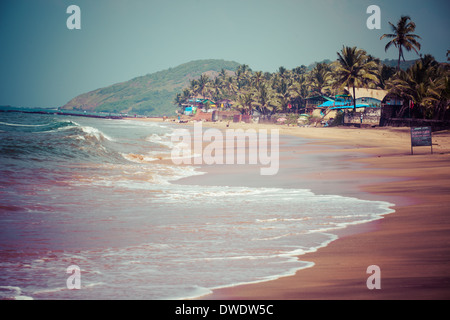 Beenden von Anjuna nass Panorama Strand bei Ebbe mit weißen Sand und grünen Kokospalmen, Goa, Indien Stockfoto