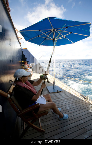 Trolling aus dem Aussie Expedition Kreuzer Orion, Melanesien & Salomon-Inseln Kreuzfahrt Stockfoto