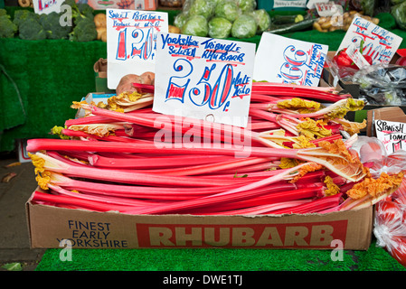 Nahaufnahme von Fresh Yorkshire Rhabarb zum Verkauf auf dem Marktstand York North Yorkshire England Großbritannien GB Großbritannien Stockfoto