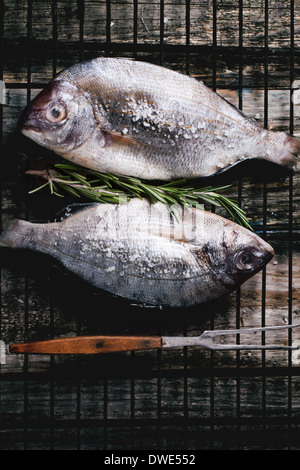 Draufsicht auf Schlepptau Dorado Rohfisch mit Rosmarin und Meer Salz auf Grill über alten Holztisch. Serien ansehen Stockfoto