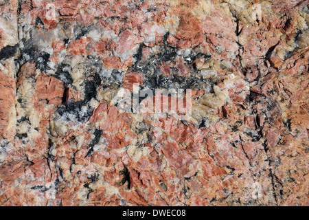 Geologie-Hintergrund: rot oder rosa Granit mit weißem Quarz und schwarzer Glimmer Einschlüsse Stockfoto