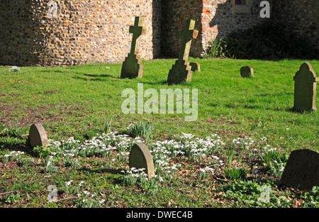 Ein Blick auf den Kirchhof mit Schneeglöckchen in der Pfarrei Allerheiligen-Kirche bei Horsey, Norfolk, England, Vereinigtes Königreich. Stockfoto