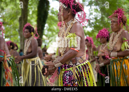 Traditionell kostümierten Tänzerinnen und Tänzer aus der ganzen Insel führen am Santa Ana Island, Salomonen, Südpazifik Stockfoto