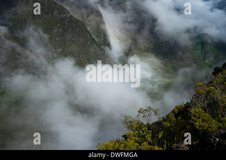 Aussicht vom Morne Langevin. Der Morne Langevin ist ein Berggipfel auf der Insel Reunion, französisches Übersee-Department in den Indischen Ozean Meer. Befindet sich in der Gemeinde Saint-Joseph, Langevin Quellen, ein Fluss des Piton De La Fournaise s dominiert die steigt auf 2380 Meter entlang der Steilküste statt schlicht Remparts River "aus dem Norden in den wilden Süden fließt. Es erreicht eine Spur, die entlang der Wand des Sandes der Bergpass nicht Sables genannt. Stockfoto