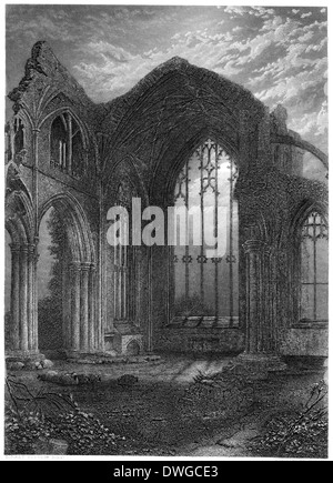 Eine Gravur mit dem Titel „Melrose Abbey“, Schottland UK, gescannt in hoher Auflösung aus einem 1876 veröffentlichten Buch. Glaubte, dass es keine Urheberrechte gibt Stockfoto