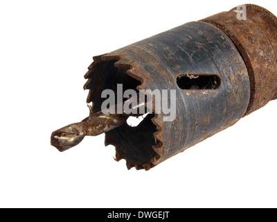 Alten, rostigen Bohrer auf weißem Hintergrund. Stockfoto