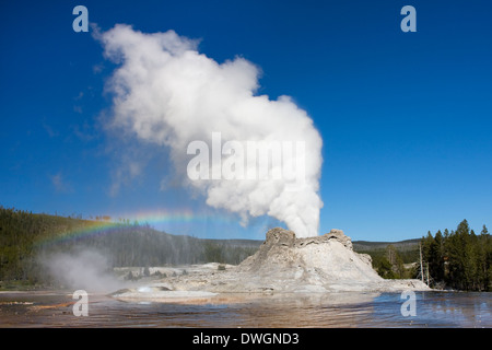 Ein Regenbogen erscheint über Castle Geyser während der Eruption im Upper Geyser Basin, Yellowstone-Nationalpark, Wyoming. Stockfoto