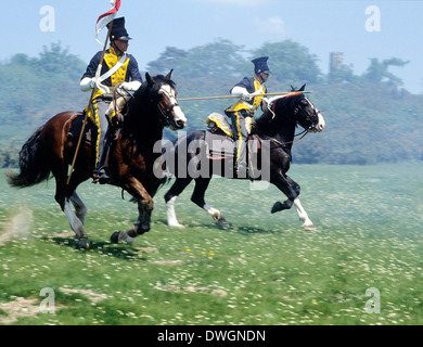 Französisch napoleonischen Kavallerie, 1815, wie an Schlacht von Waterloo, Chasseurs, Reenactment, Pferde Stockfoto