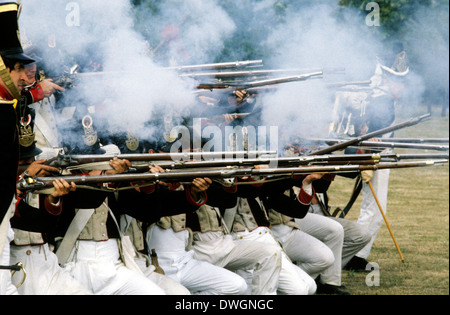 Französisch napoleonischen Gewehrschützen Soldaten feuern Musketen im Kampf, 1815, wie in Schlacht von Waterloo, Reenactment bereitgestellt Stockfoto