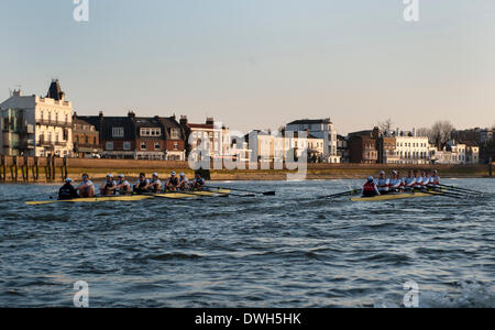 Themse, London, UK. 8. März 2014. Aktion während der OUBC V Deutsch VIII Ruder Halterung. Die Kopf-an-Kopf Rennen auf die Tideway zwischen Oxford University Boat Club VIII und ein Vertreter deutscher VIII als Teil der Vorbereitung für das 160. in Folge von der Universitätsregatta gesponsert von BNY Mellon am 6. April 2014. Bildnachweis: Aktion Plus Sport/Alamy Live-Nachrichten Stockfoto