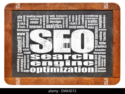 SEO (Suchmaschinenoptimierung) Wortwolke auf einer Vintage Schiefer Tafel isoliert auf weiss Stockfoto
