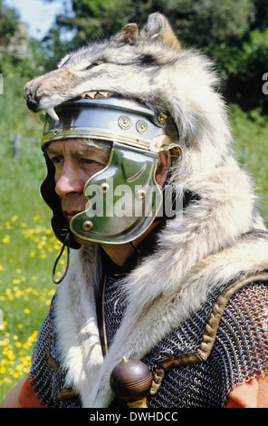 Römischer Legionär Standartenträger, Wolfskopf, Lupus, 1. Jahrhundert, Reenactment, Soldat Soldaten England UK Stockfoto