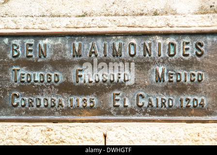 Moses Ben Maimonides Judios das Judenviertel, Córdoba, Andalusien, Spanien Stockfoto