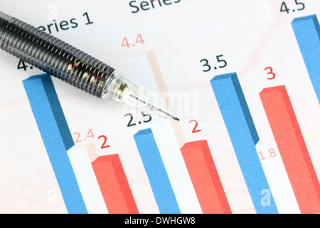 Closeup mechanischen Bleistift darauf Zahlen Text auf Farbe Balkendiagramm. Stockfoto