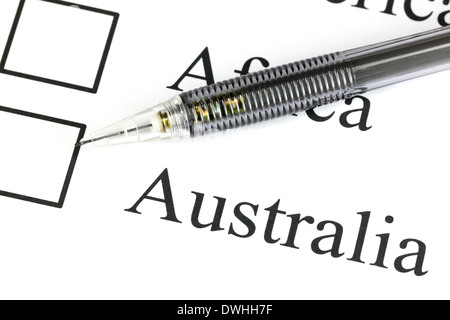 Closeup mechanischen Bleistift Punkt Checkbox in Australien Text. Stockfoto