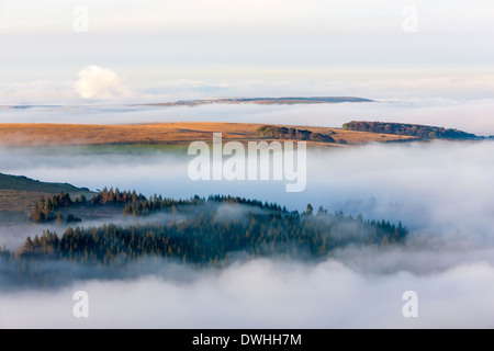 Blick über nebligen Burrator Stausee von Sharpitor, Dartmoor National Park, Sheepstor, West Devon, England, UK, Europa. Stockfoto