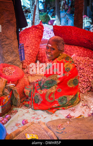 Süd Indien Tamil Nadu Chettinad Karakaikudi Farmers Market Haufen sack rote Zwiebel Zwiebeln alten gefüttert grau Dame Frau hellen roten Sari lächelnd Stockfoto