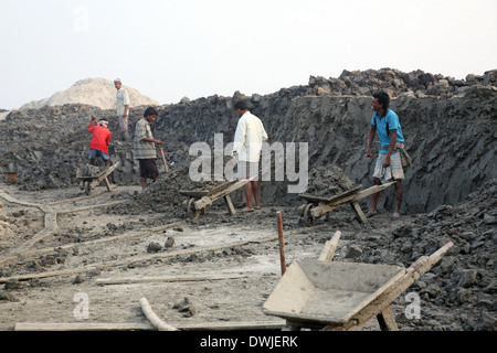 Ziegel-Feld. Arbeiter tragen abgelagerten Böden zur Herstellung von roher Ziegelstein. am 14. Januar 2009 in Sarberia, West-Bengalen, Indien. Stockfoto