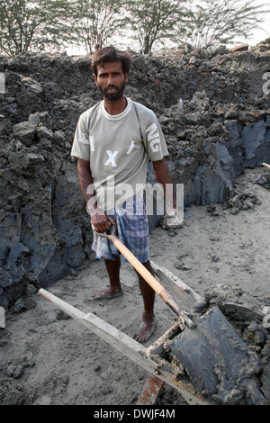 Ziegel-Feld. Arbeiter tragen abgelagerten Böden zur Herstellung von roher Ziegelstein. am 16. Januar 2009 in Sarberia, West-Bengalen, Indien. Stockfoto