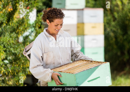 Weibliche Imker im Bienenhaus Stockfoto