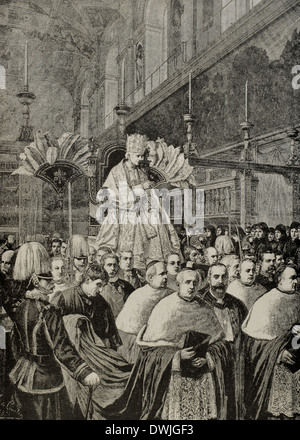 Papst Leo XIII (1810-1903) geben einen Segen Urbi et Orbi, nach dem Pontifikalamt aus dem gestatorial Stuhl. Gravur. Stockfoto