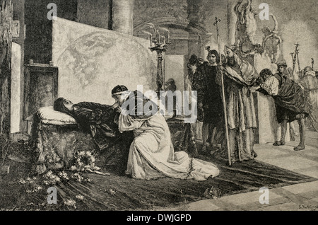 Leo X (1475-1521). Papst Leo X. in Raffaels Sterbebett. Kupferstich von R. Bong in der iberischen Abbildung 1885.l. Stockfoto