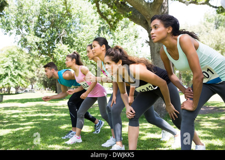Marathonläufer, die Vorbereitung auf ein Rennen Stockfoto