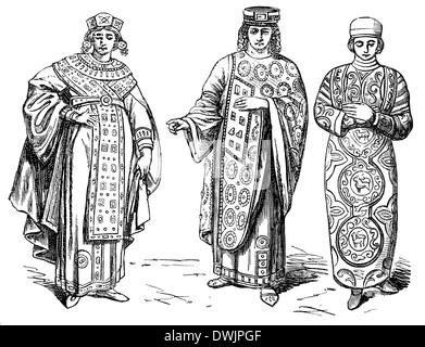 Byzantiner, Links: Kaiserin, Center: Kaiser, rechts: Würdenträger Stockfoto