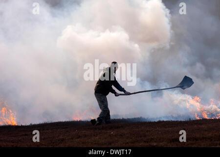 10. März 2014 North Pennines, County Durham, UK. Wildhüter mit kontrollierten Heather brennen als Teil der Grouse Moor Management. Jedes Jahr vor der Brutzeit beginnt Abschnitte von Heather verbrannt sind neue Triebe wachsen die von Moorschneehuhn Lagopus lagopus gespeist werden, zu fördern). Stockfoto