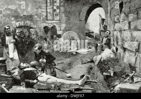 Jean Lannes (1769-1809). Marxhal. Lannes 1898 in der Schlacht von Essling, verletzt. Gravur. Stockfoto