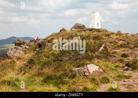 Zwei Personen sitzen auf den Felsen in der Nähe des Trigspunkts oder der Säule auf den Kakerlaken, Staffordshire, Peak District, England, Großbritannien Stockfoto