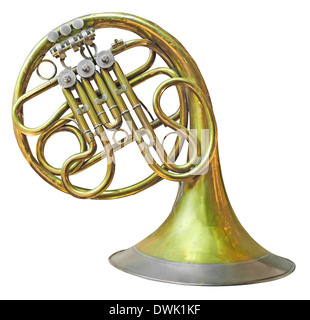 Old French Horn isoliert auf weiss mit Beschneidungspfad Stockfoto