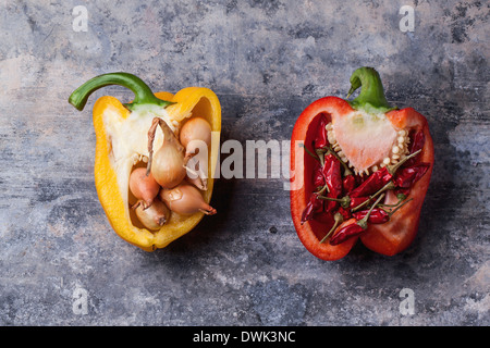 Die Hälfte der Rohe rote und gelbe Paprika gefüllt mit kleinen Zwiebeln und red hot Chili Peppers über Vintage-Hintergrund. Stockfoto
