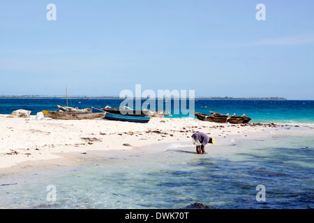 Handgemachte traditionelle Kanus aus einheimischen Fischern links am Strand in Insel Rolas. Quirimbas Archipelago, Mosambik. Stockfoto