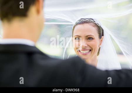 Bräutigam heben Brautschleier Stockfoto