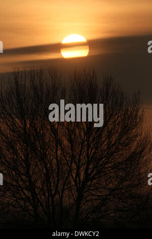 Peterborough, Cambridgeshire, Großbritannien. 10. März 2014.  Verdecken Sie eines schönen Morgens kurz nach Sonnenaufgang am Ferry Wiesen, Peterborough, Cambridgeshire, als Wolken Teil der Sonne. Bild: Paul Marriott Fotografie/Alamy Live-Nachrichten Stockfoto