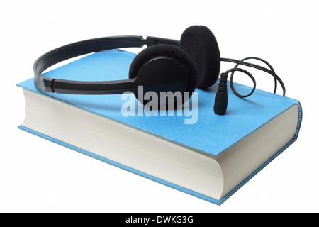 Kopfhörer auf Hörbuch Stockfoto