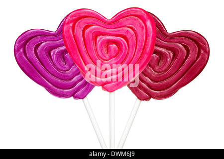 Drei herzförmige Lutscher isoliert auf weißem Hintergrund Stockfoto