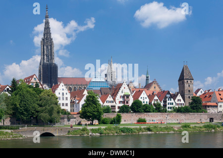 Blick über die Donau an die alte Stadt Ulm mit Münster (Münster), Baden-Württemberg, Deutschland, Europa Stockfoto