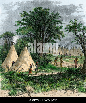 Native American tipi Dorf, 1800. Hand - farbige Holzschnitt Stockfoto