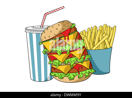 Hamburger mit Soda und Pommes frites Stockfoto