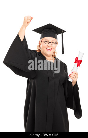 Erwachsener Schüler Diplom und gestikulierte Glück Stockfoto