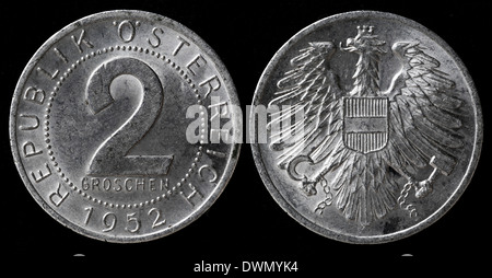 2 Groschen Münze, Wappen, Österreich, 1952 Stockfoto