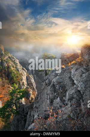 Nebel in den Bergen im sonnigen Morgen Stockfoto