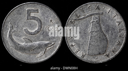 5 Lire Münze, Delphin, Italien, 1952 Stockfoto