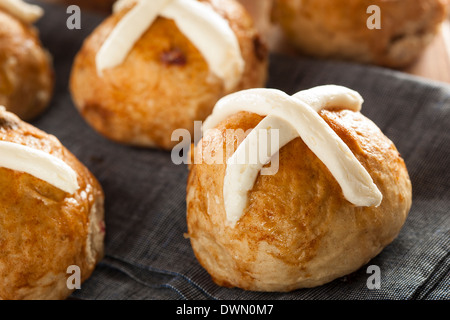 Hausgemachte Hot Cross Buns mit Preiselbeeren zu Ostern Stockfoto