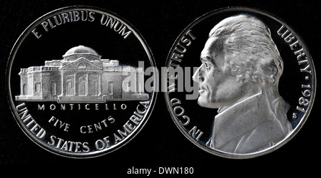 5 Cent Münze, Thomas Jefferson, USA, 1981 Stockfoto