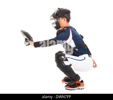 Baseball-Spieler, Catcher, bereit, einen Ball fangen in studio.isolated auf weiß Stockfoto