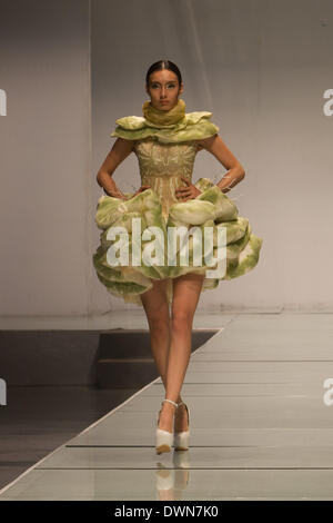 Peking, China. 11. März 2014. Ein Modell stellt eine Kleidungsstück bei der Eröffnungsfeier der 2014 BIFT Fashion Week in Peking, Hauptstadt von China, 11. März 2014. Die Veranstaltung eröffnet Dienstag in Peking zeigen 232 Werke von Absolventen des Beijing Institute of Fashion Technology (BIFT) entworfen. © Li Jianbo/Xinhua/Alamy Live-Nachrichten Stockfoto